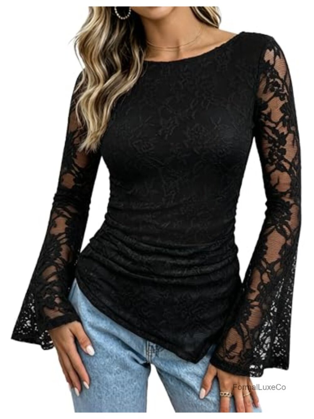 Fitted Peplum Lace Blouse Long Bell Sleeve Asymmetrical Boho Top Sheer